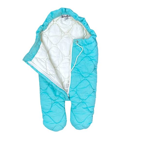 Vintage 70s 80s BabyBag Quilted Infant Bunting Bag Aqua Blue Cozy Snow Suit - Picture 2 of 8